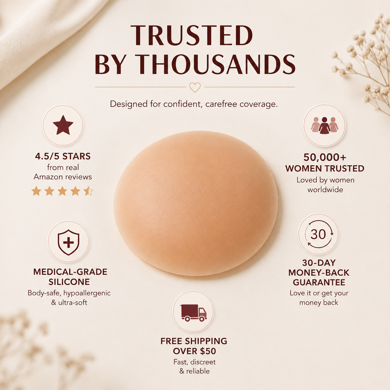 PEACHY PASTIES Nipple Covers - Reusable & Hypoallergenic Silicone Adhesive Breast Petals
